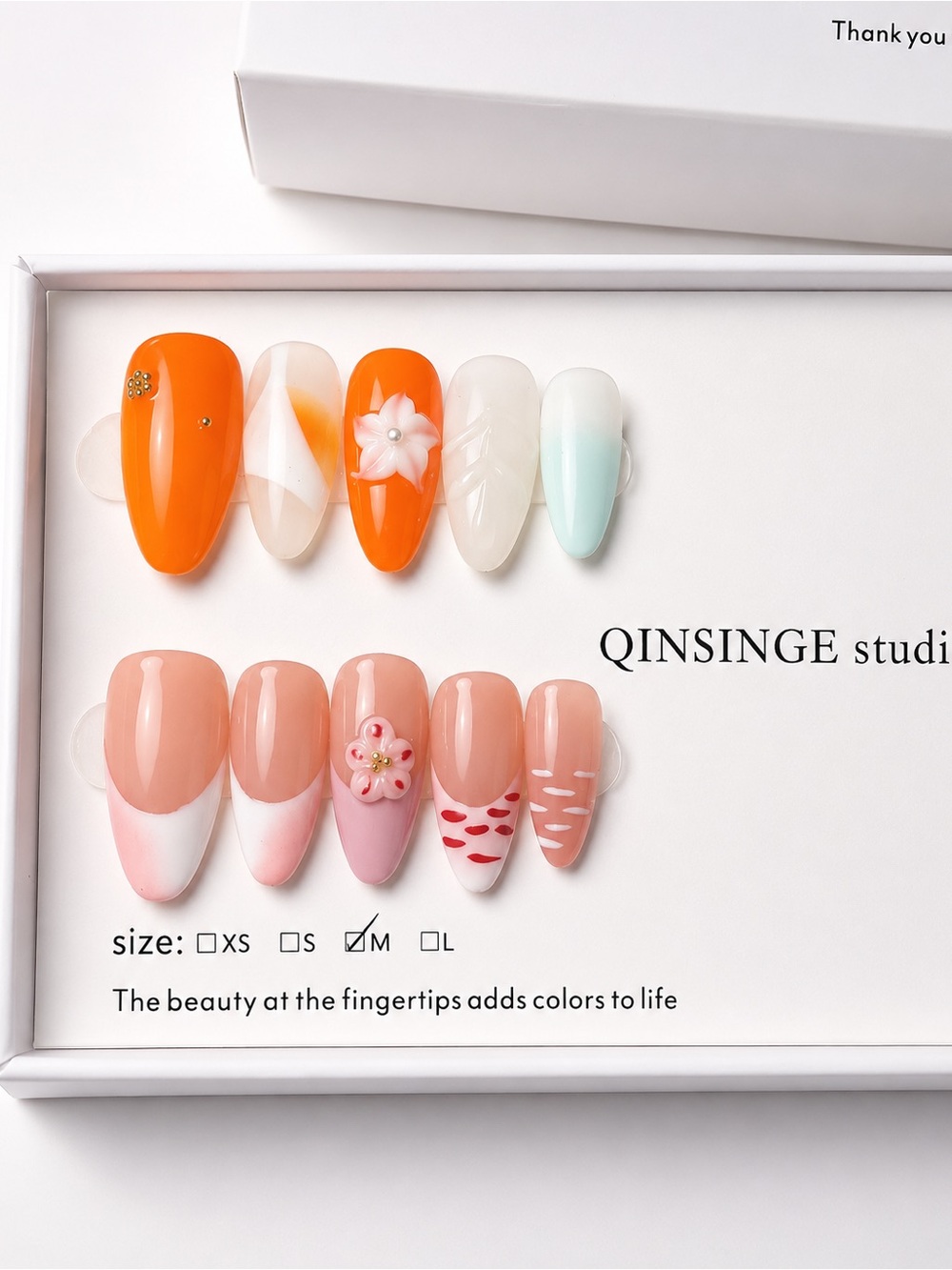 Mixed Orange & Pink Floral False Nail Set - Size Medium